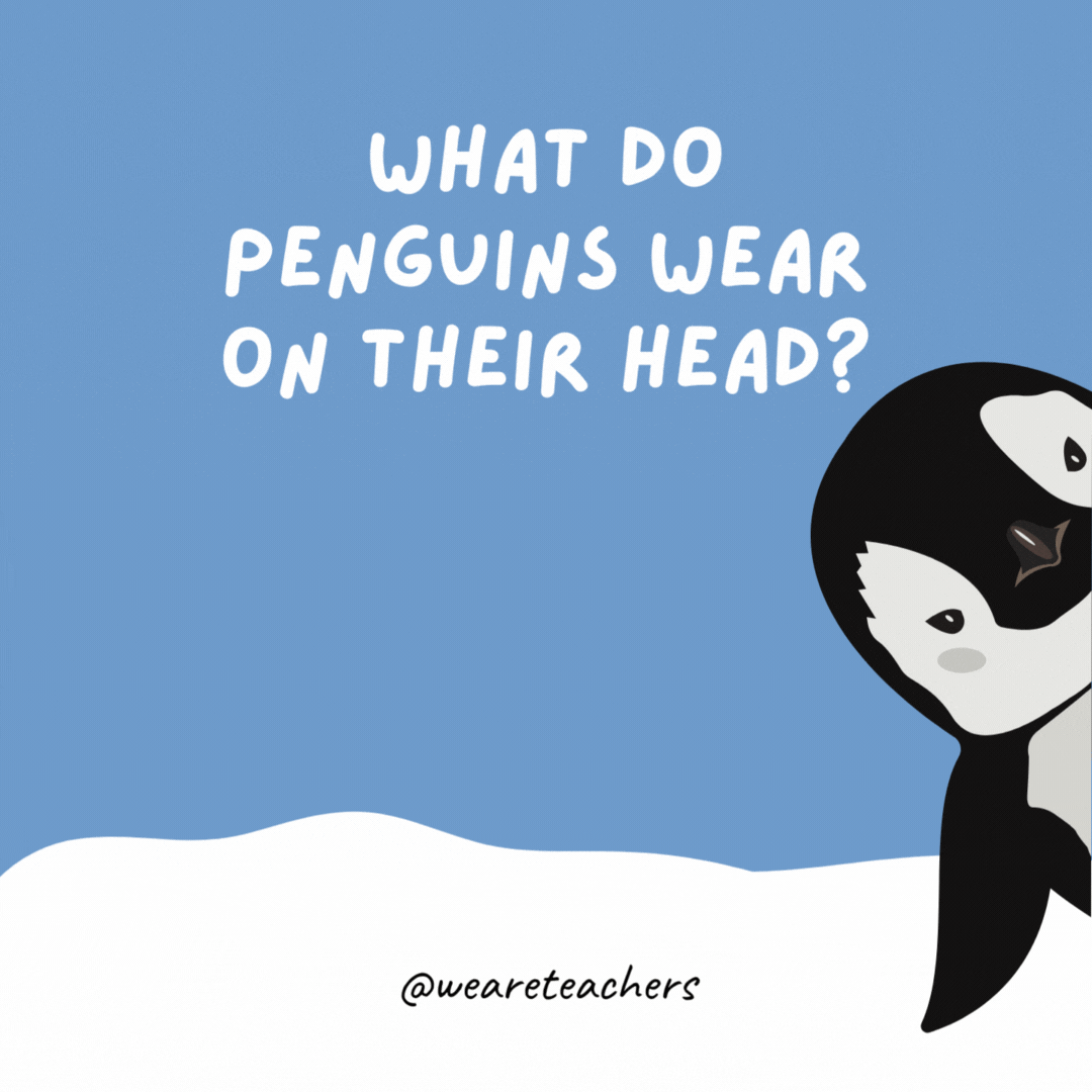 What do penguins wear on their head? Ice caps. What do penguins wear on their head?
Ice caps.