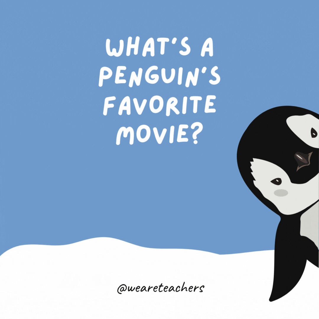 What’s a penguin’s favorite movie? Happy Feet. What's a penguin's favorite movie?
Happy Feet.