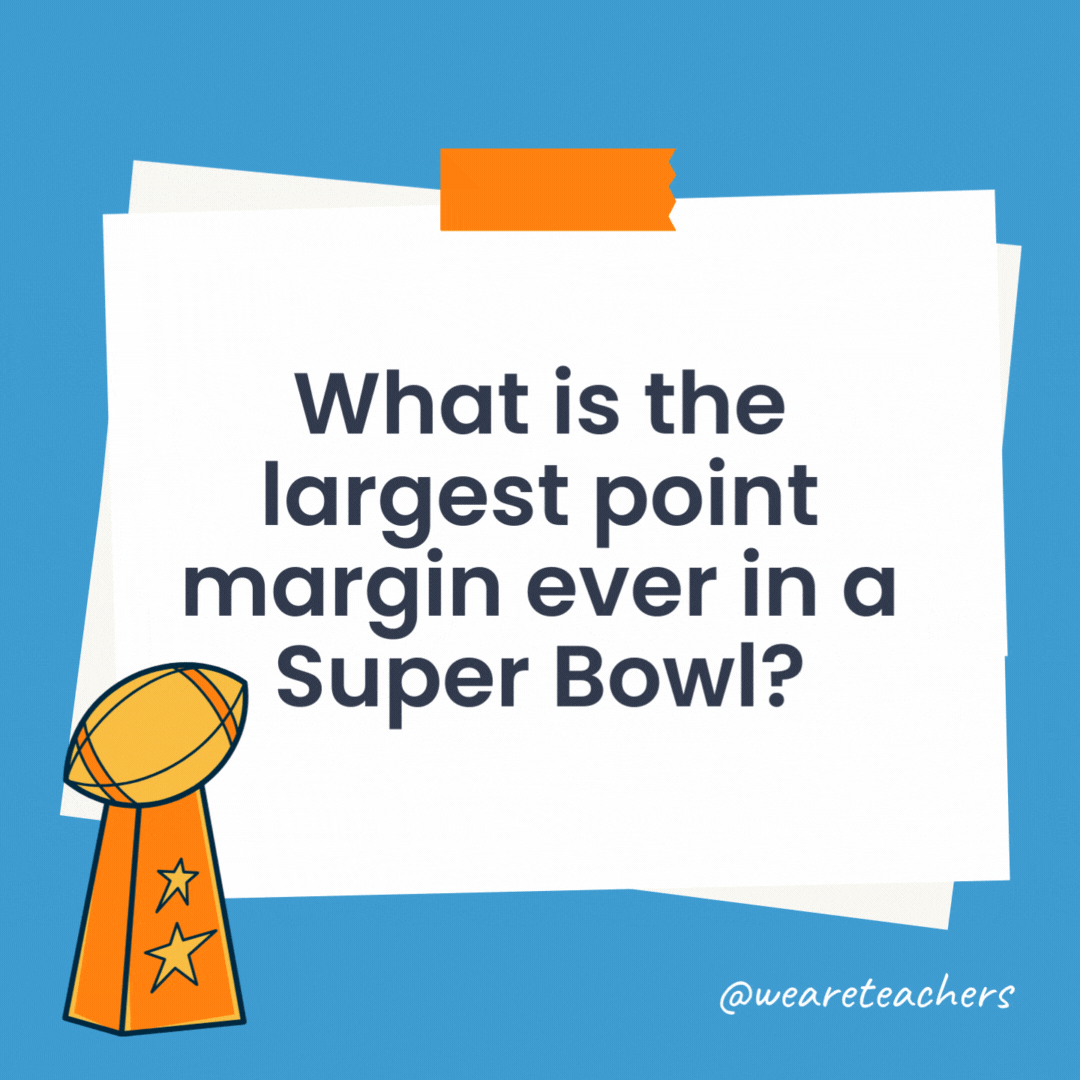 What is the largest point margin ever in a Super Bowl? The San Francisco 49ers defeated the Denver Broncos by 45 points in Super Bowl XXIV, the largest point margin win in Super Bowl history to date. What is the largest point margin ever in a Super Bowl?
The San Francisco 49ers defeated the Denver Broncos by 45 points in Super Bowl XXIV, the largest point margin win in Super Bowl history to date.
