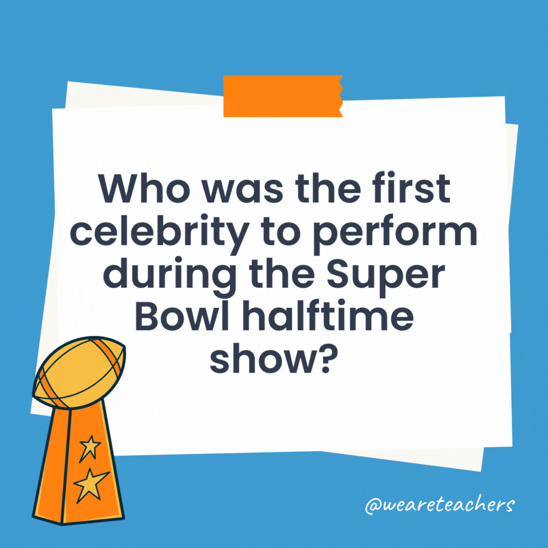 Who was the first celebrity to perform during the Super Bowl halftime show? While not considered the headliner, Carol Channing performed in 1970 at Super Bowl IV. Who was the first celebrity to perform during the Super Bowl halftime show?
While not considered the headliner, Carol Channing performed in 1970 at Super Bowl IV.