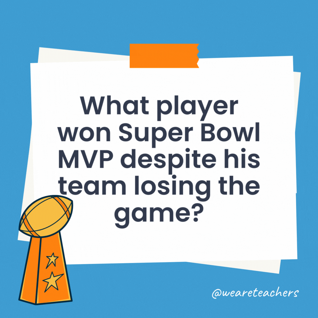 What player won Super Bowl MVP despite his team losing the game? Chuck Howley of the Dallas Cowboys in Super Bowl V. What player won Super Bowl MVP despite his team losing the game?
Chuck Howley of the Dallas Cowboys in Super Bowl V.