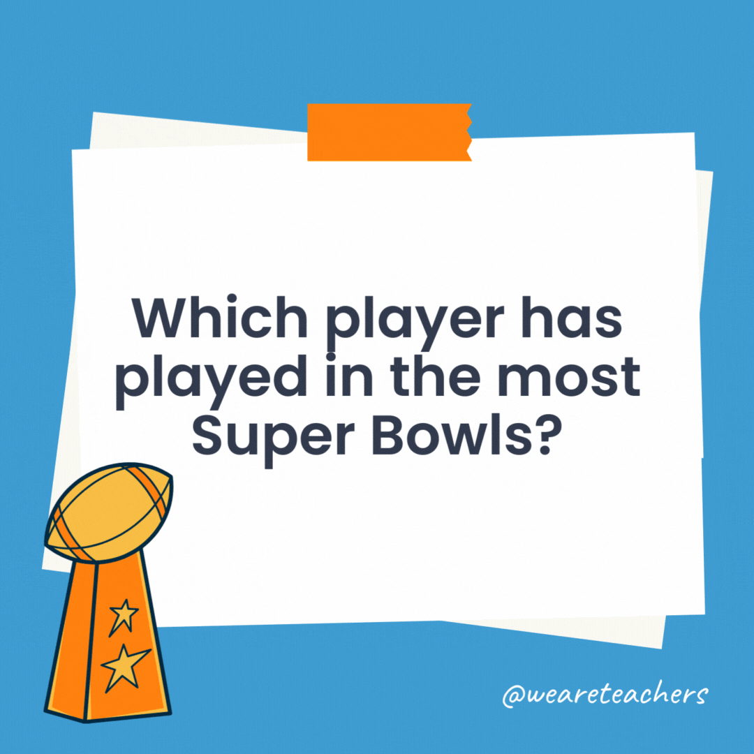 Which player has played in the most Super Bowls? Tom Brady, with 10 Super Bowl appearances. Which player has played in the most Super Bowls?
Tom Brady, with 10 Super Bowl appearances.