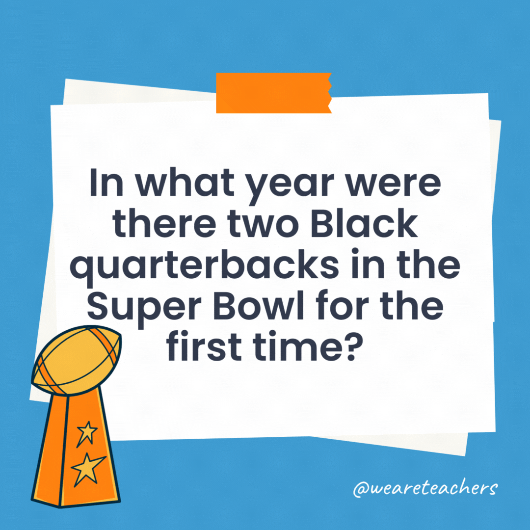 In what year were there two Black quarterbacks in the Super Bowl for the first time? For the first time in 57 Super Bowls, both teams (the Kansas City Chiefs and Philadelphia Eagles) were led by Black quarterbacks—Patrick Mahomes for the Chiefs and Jalen Hurts for the Eagles. In what year were there two Black quarterbacks in the Super Bowl for the first time?
For the first time in 57 Super Bowls, both teams (the Kansas City Chiefs and Philadelphia Eagles) were led by Black quarterbacks—Patrick Mahomes for the Chiefs and Jalen Hurts for the Eagles.