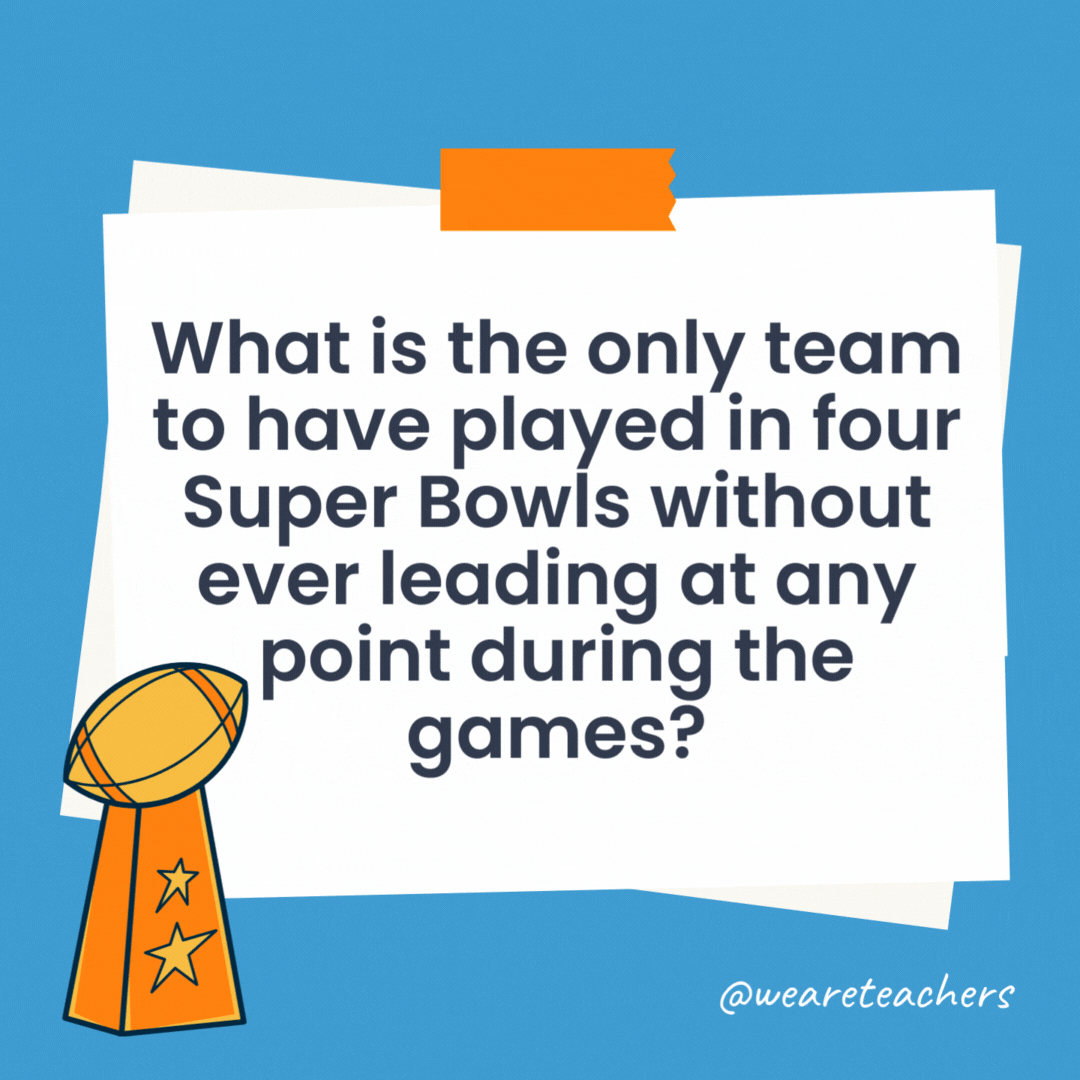 What is the only team to have played in four Super Bowls without ever leading at any point during the games? The Minnesota Vikings hold this unfortunate distinction! What is the only team to have played in four Super Bowls without ever leading at any point during the games?
The Minnesota Vikings hold this unfortunate distinction!
