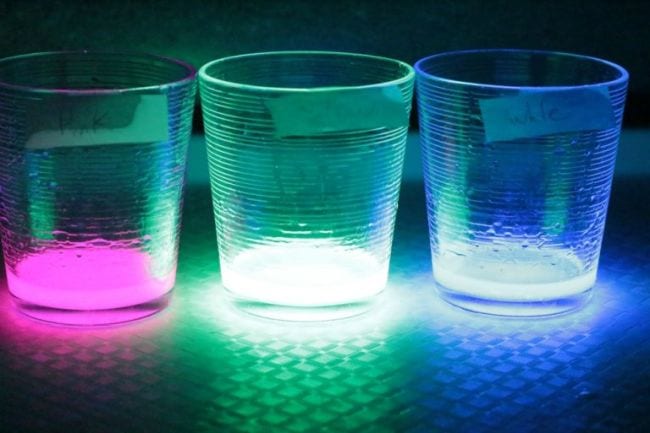 5th Grade Science A Dab of Glue Will Do Three beakers filled with glowing liquid