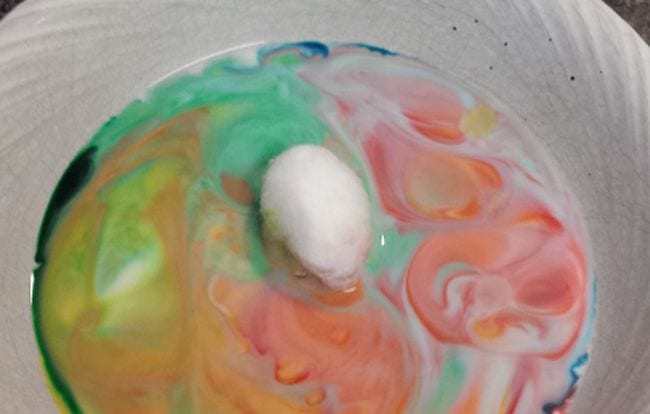 5th Grade Science Simple Southern Cotton ball sitting on a bowl of milk swirled with food colors