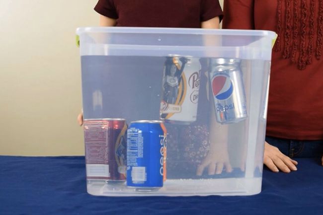 5th Grade Sinking Soda Cool Science Experiments HQ Large plastic bin filled with water, with two soda cans floating and two sunk at the bottom