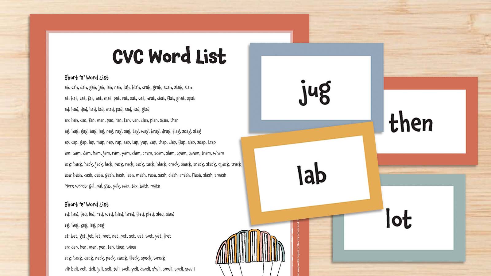 Printable CVC word list on a desk with CVC word flashcards.