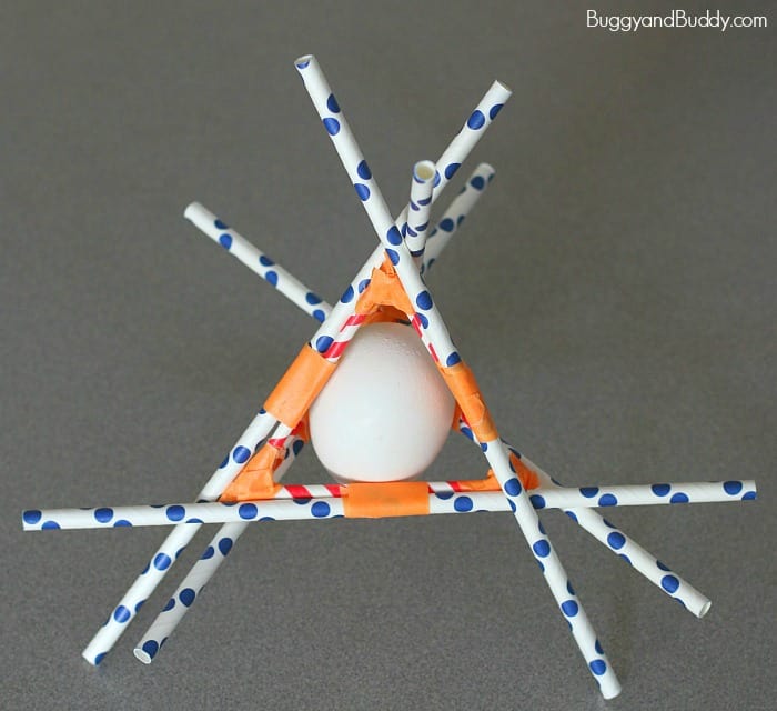 Egg Drop Contraption Picture of an egg placed in a contraption constructed of straws to protect it in an egg drop experiment.