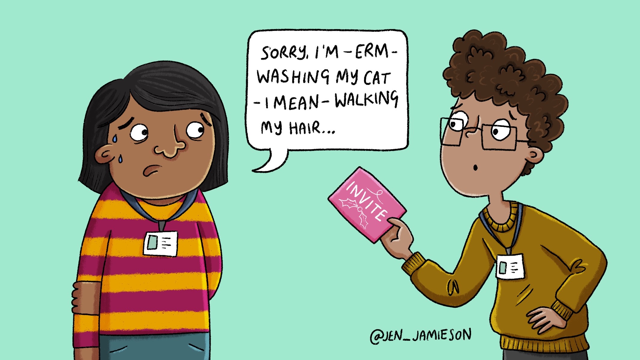 Illustration of teacher feeling pressured to attend staff holiday party