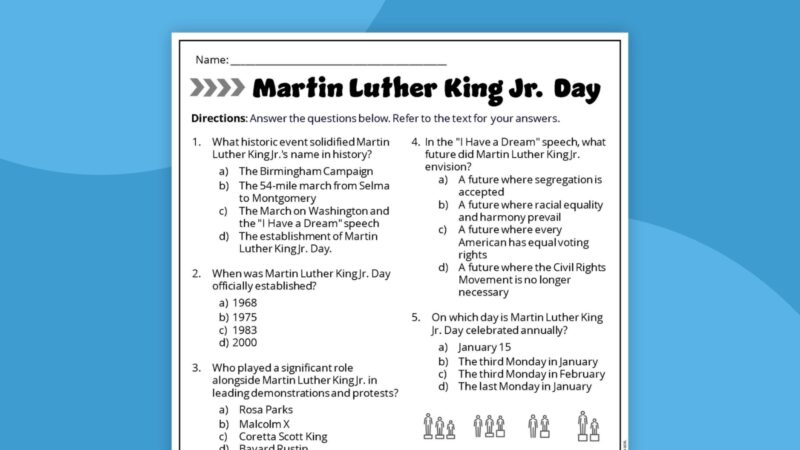 Martin Luther King Jr. Reading Comprehension Questions Martin Luther King Jr. reading comprehension questions printable on blue background.