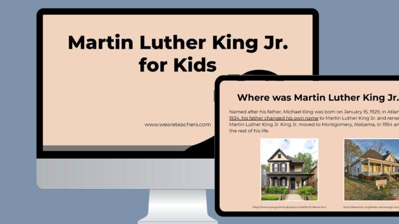 Martin Luther King Jr. for Kids Computer and tablet screens showing Martin Luther King Jr. for Kids Google slides.