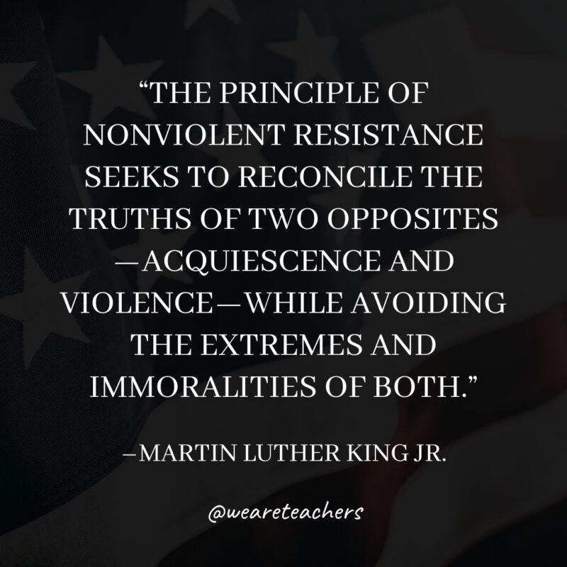 The principle of nonviolent resistance seeks to reconcile the truths of two opposites—acquiescence and violence—while avoiding the extremes and immoralities of both. The principle of nonviolent resistance seeks to reconcile the truths of two opposites—acquiescence and violence—while avoiding the extremes and immoralities of both.