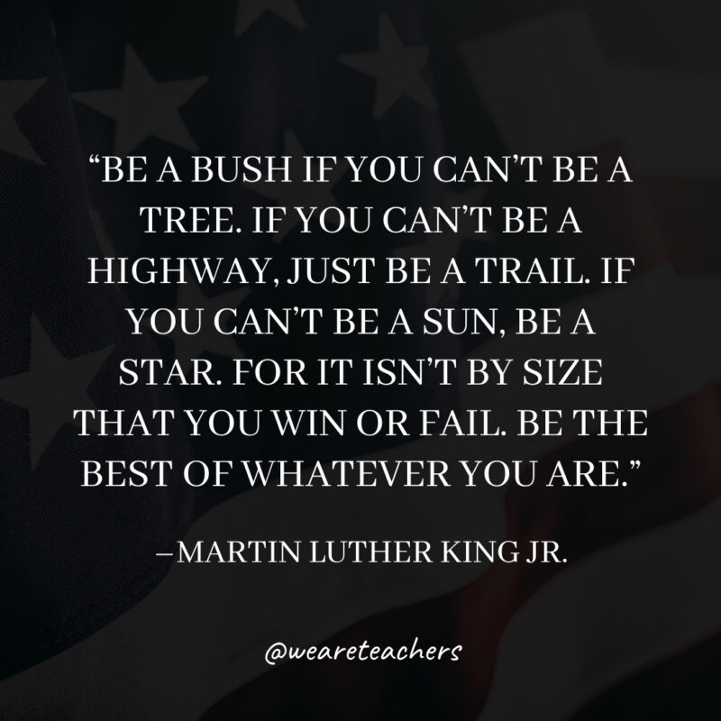 Be a bush if you can’t be a tree. If you can’t be a highway, just be a trail. If you can’t be a sun, be a star. For it isn’t by size that you win or fail. Be the best of whatever you are. Be a bush if you can’t be a tree. If you can’t be a highway, just be a trail. If you can’t be a sun, be a star. For it isn’t by size that you win or fail. Be the best of whatever you are.