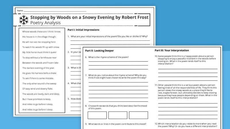 “Stopping by Woods on a Snowy Evening” Poetry Worksheet Activity Pictures of the student handouts of the "Stopping by Woods on a Snowy Evening" Poetry Worksheet Activity