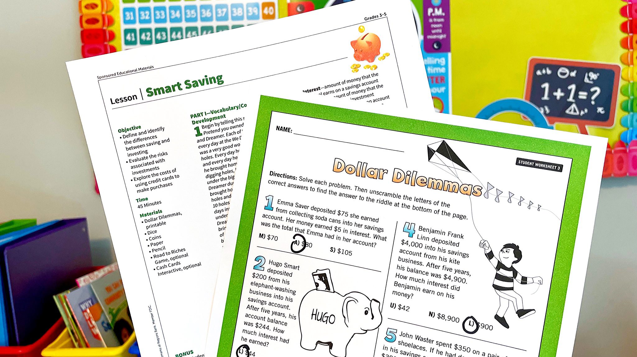 Flat lays of Saving Money lesson