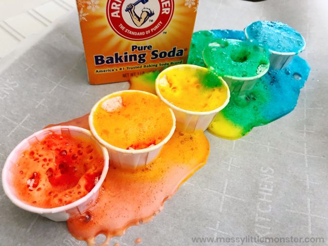 Second Grade Science: Foaming Rainbow Small paper cups filled with colorful foam with a box of baking soda