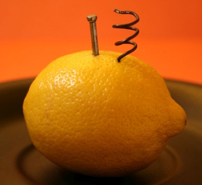 Second Grade Science: Lemon Battery Lemon with a nail and a coil of wire stuck into it