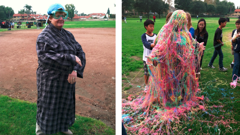 Fundraising Ideas for Schools: Principal Stunt Before and after pictures of principal covered in silly string (Fundraising Ideas for Schools)