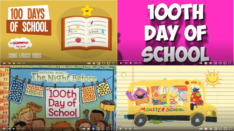 20 Silly and Fun 100th Day Videos for Kids Collage of video screenshots for 100th day classroom celebrations