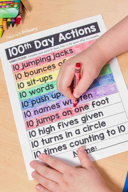 100th Day Actions A colorful menu of 100th day physical activities as an example of 100th day of school ideas